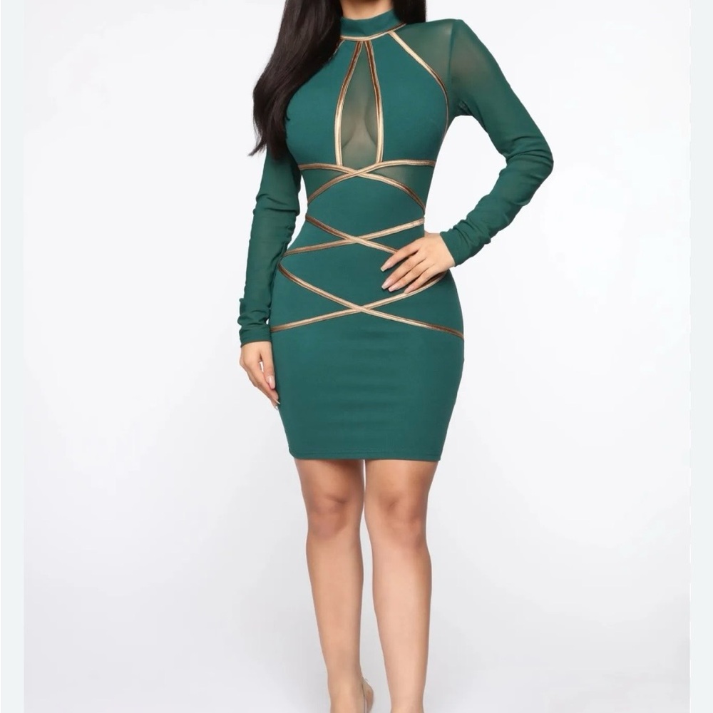 Fashion Nova Green and Gold Long Sleeve Dress